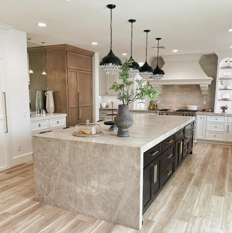 Quartzite Taj Mahal slsab in beige installed as a kitchen island